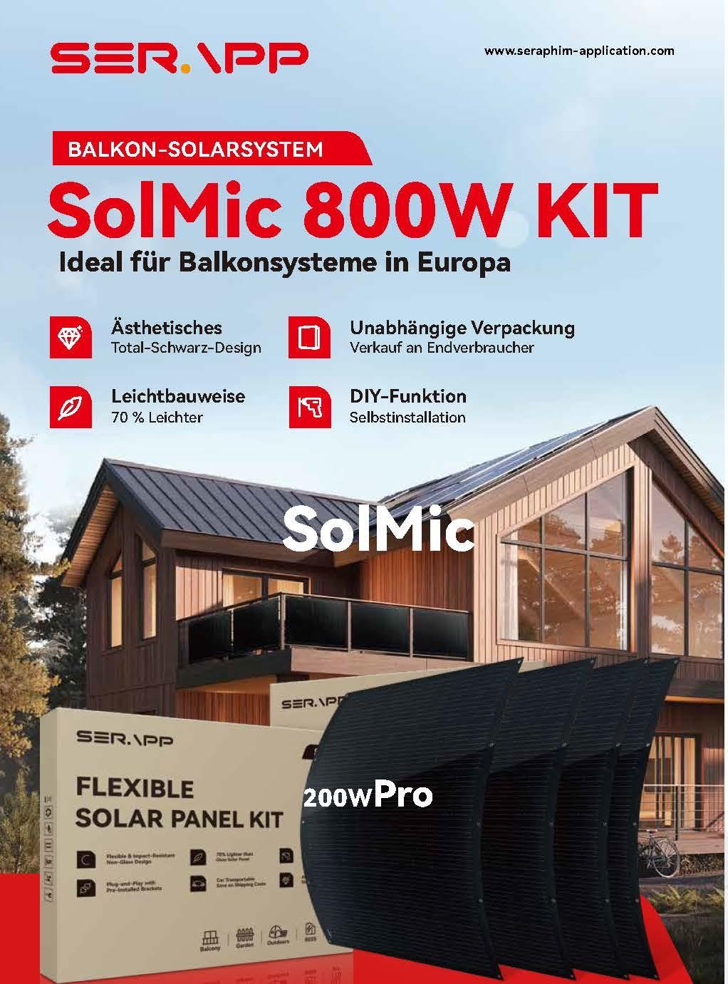 SERAPP® Balkonkraftwerk 800W, PV Solaranlage mit 4x 200W Panels, Plug & Play, flexibles Design, ohne Wechselrichter