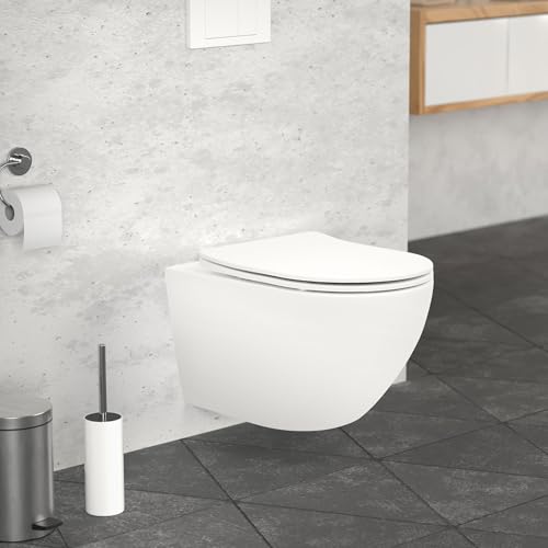 ECD Germany Spülrandloses Hänge WC Keramik Weiß matt mit Nano Beschichtung, Wand-WC lang 52 cm, Softclose Duroplast WC-Sitz, Lotus Effekt
