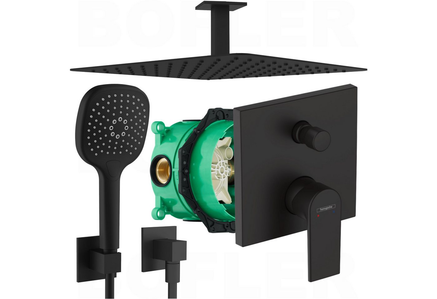 hansgrohe Duscharmatur Vernis Shape, Unterputz Duschsystem mit 30x30cm Regendusche, matt schwarz, inklusive BOFLER Brauseset und I-BOX
