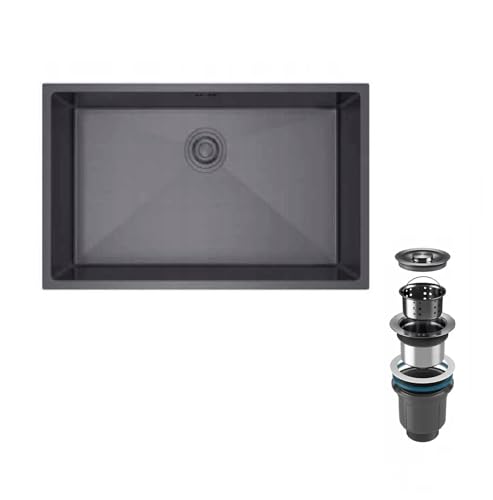 QLS SANTA, Edelstahl Unterbau-Spülbecken 74x44 cm, rostfrei mit Siphon in Graphitgrau, hitzebeständig, 210 mm Beckentiefe