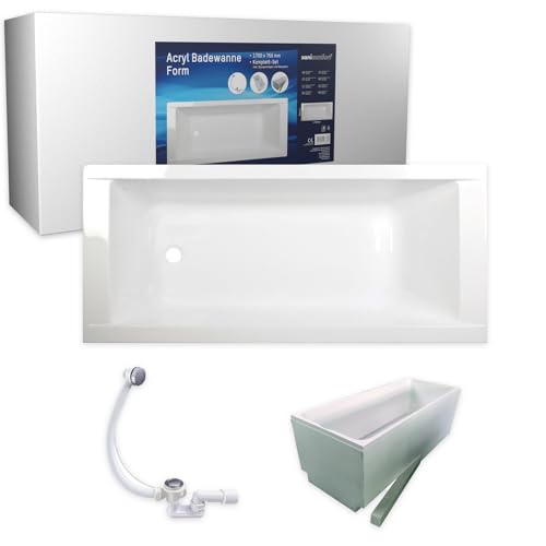 sanicomfort Badewanne Komplettset Rechteck 170x75 cm – weiße Acryl-Badewanne mit Styropor-Wannenträger, Ablaufgarnitur, Wärmedämmung & Schalldämmung, pflegeleicht & robust