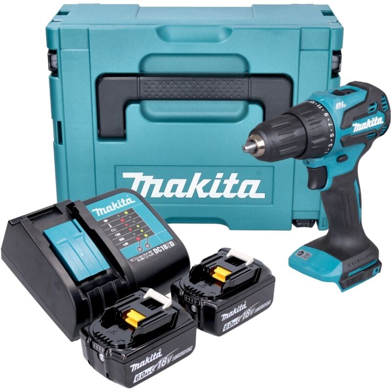 Makita DHP 490 SGJ, Akku Schlagbohrschrauber 18 V mit 65 Nm, 2x 6,0 Ah Akkus, Ladegerät und Makpac Systemkoffer