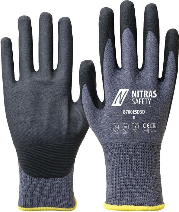 AS Arbeitsschutz GmbH Handschuhe 8700ESD3D, grau/schwarz, EN 388/EN 407/EN 16350, antistatisch, touchscreenfähig, hohe Abriebfestigkeit, perfekte Fingerfertigkeit