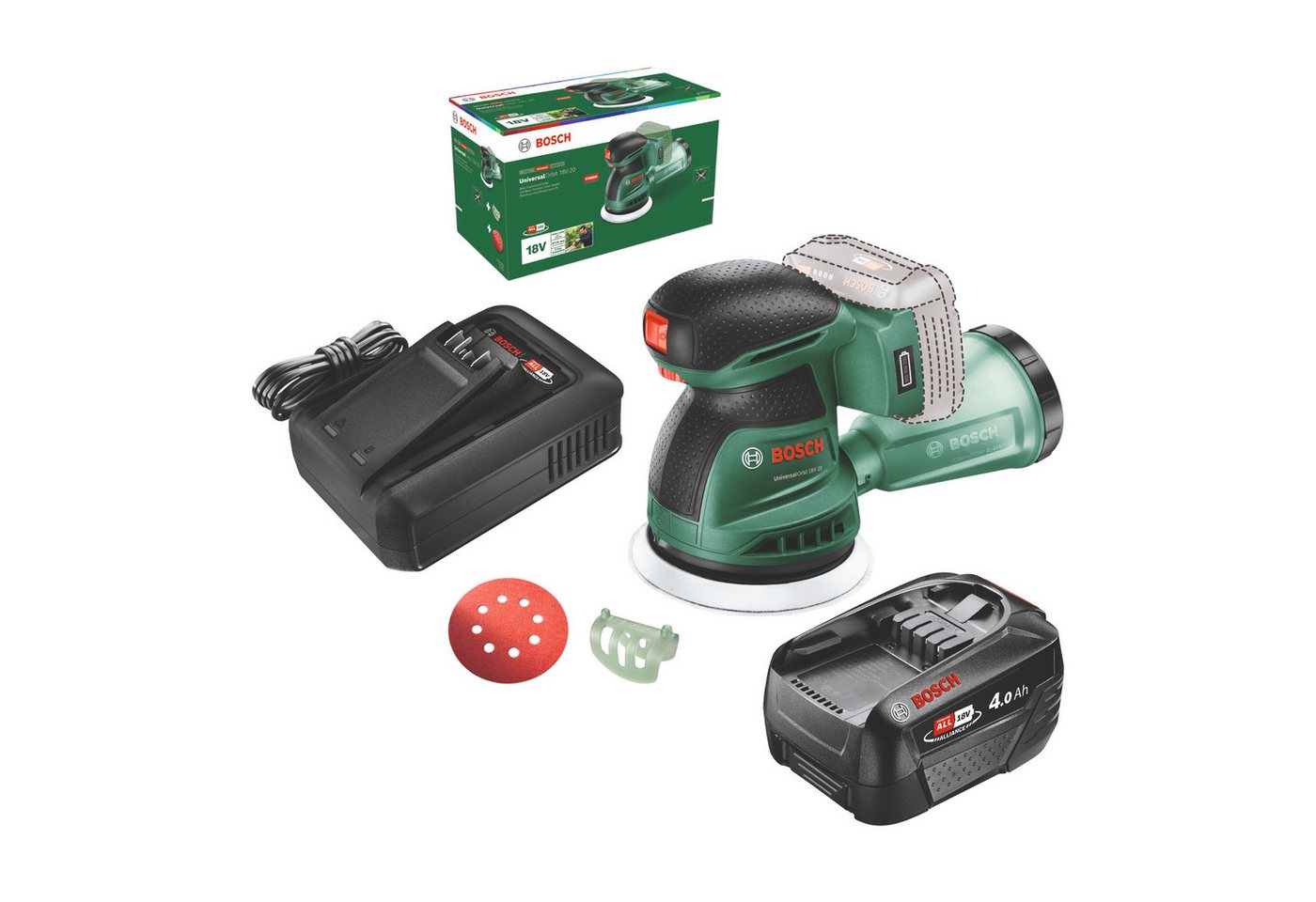 BOSCH UniversalOrbit 18V-20, Akku-Exzenterschleifer mit 125 mm Schleifteller, 1x 4,0 Ah Akku und Ladegerät