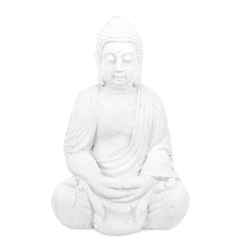Relaxdays Buddha Figur sitzend, 70 cm hoch, XL wetterfest & frostsicher, Deko Skulptur für Garten und Wohnzimmer, weiß