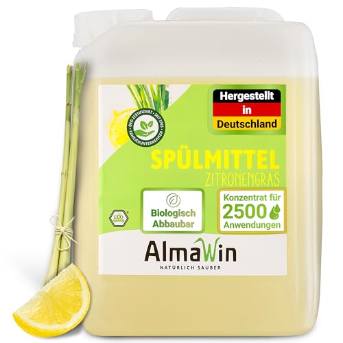 Almawin Spülmittel Zitronengras Kanister 5L, hochkonzentriertes Geschirrspülmittel mit frischem Zitrusduft, vegane Formel, klimaneutral, dermatologisch getestet