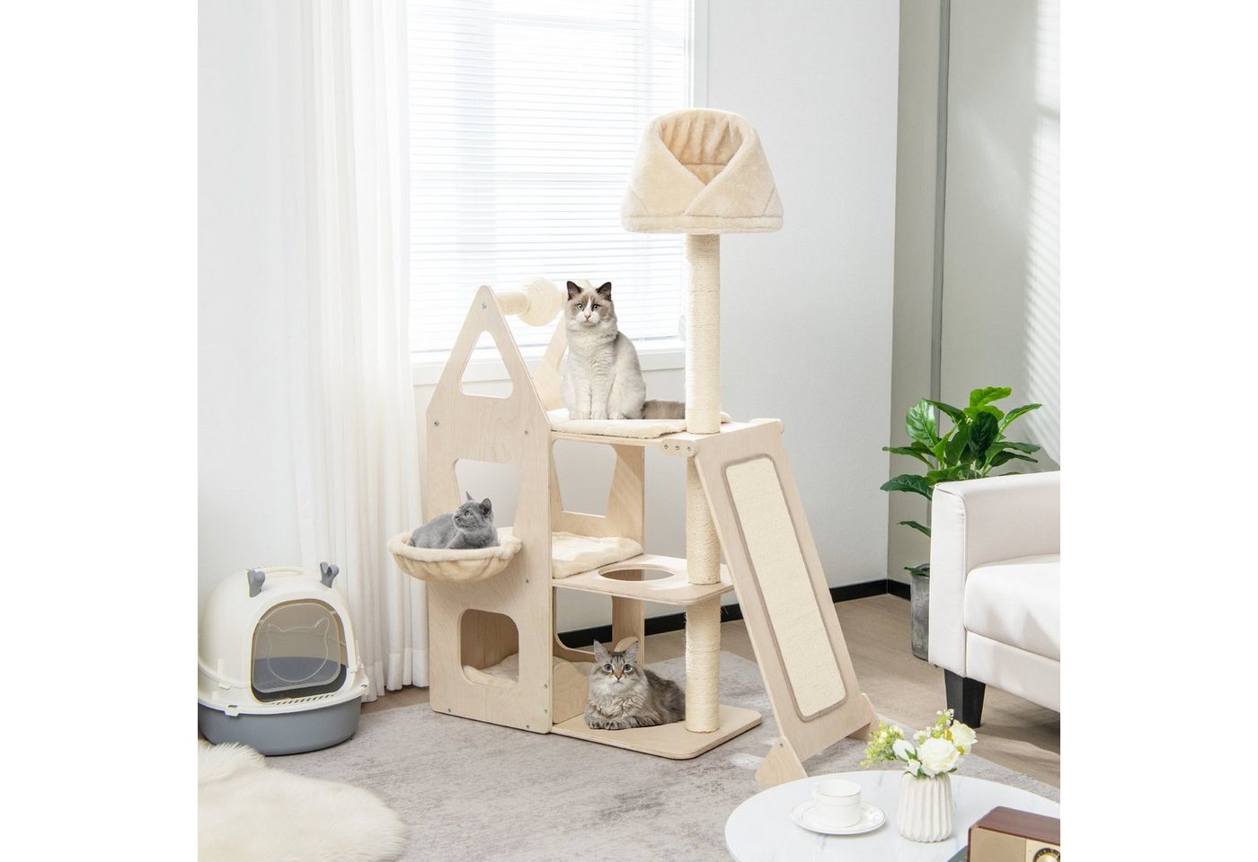 COSTWAY Kratzbaum 155cm Katzenbaum, Natur, mit Ball, Sisal & Rampe