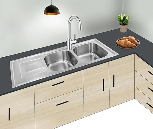 Omeere 116x50x18cm Edelstahl Spüle, 2 Becken, Ablagefläche links, rostfrei, inkl. Spül-/Waschmachinenanschluss