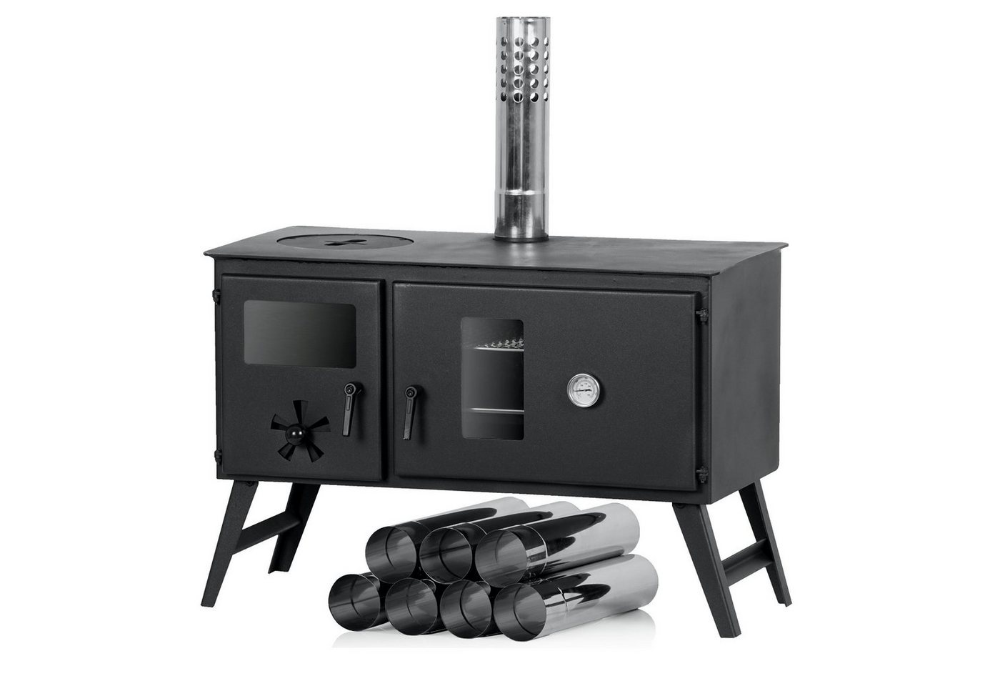 CampFeuer Zeltofen, 28,5 x 58,5 x 260 cm, Zeltheizung, Holzofen für Camping, mit Backfach und Thermometer