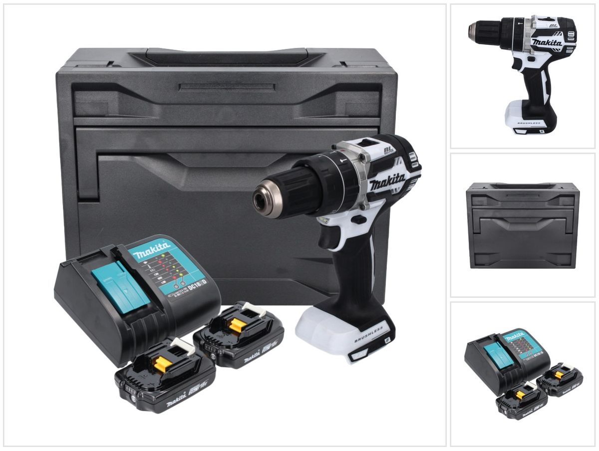 Makita DHP484SAXW Akku Schlagbohrschrauber 18 V 54 Nm Brushless Weiß + 2x Akku 2,0 Ah + Ladegerät + Makbox