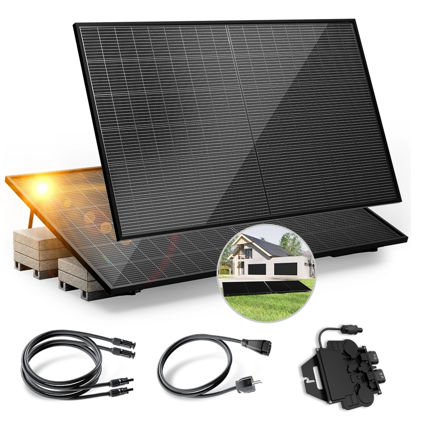 Solakon Balkonkraftwerk 900W, Photovoltaik Anlage mit bifazialen Solarmodulen, Gartenhalterung, Steckerfertig Komplettset, 800W Wechselrichter, 10m Kabellänge