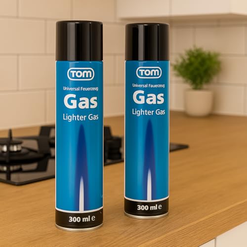 TOM LG-300 Feuerzeuggas, 300 ml Nachfüllkartusche für Sturm- und Stabfeuerzeuge, vielseitig einsetzbar mit 5 Adaptern