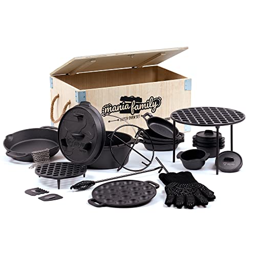 BBQ-Toro 19-teiliges Dutch Oven Set Mania Family in Holzkiste | Gusseisen - Bereits eingebrannt | Grill, Dutch Ovens, Grilltopf, ideal als Weihnachtsgeschenk