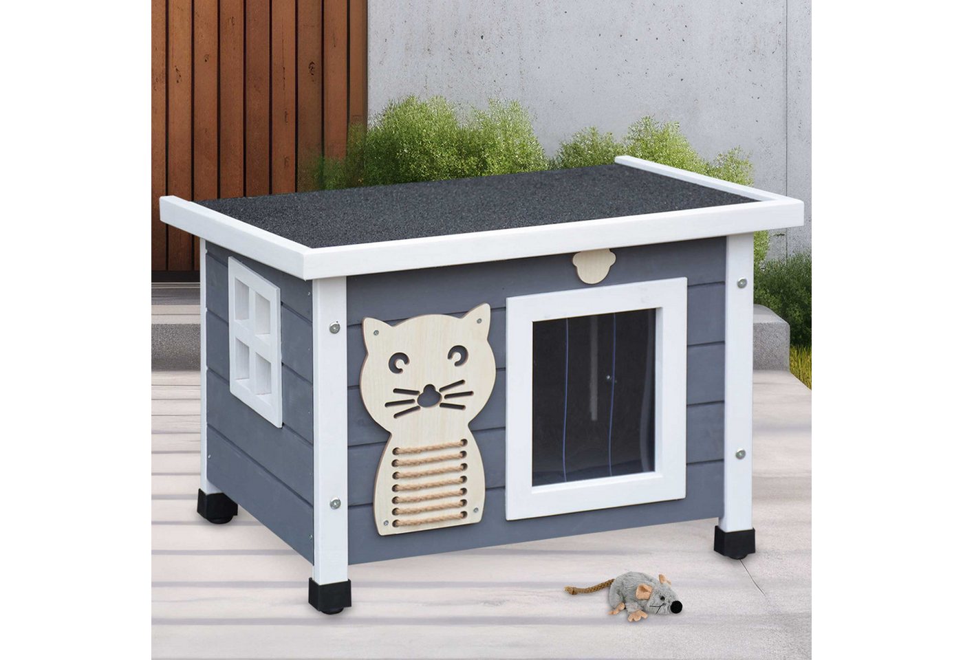 Zooprinz Katzenhaus Felix, wetterfestes Tierhaus mit klappbarem Bitumendach, inklusive Plüschspielmaus, grau-weiß