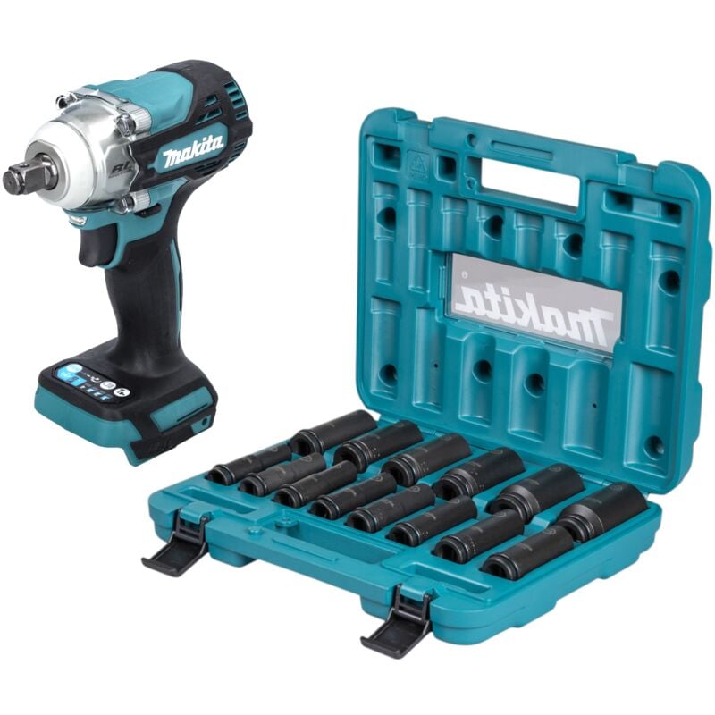 Makita DTW 300 z Akku Schlagschrauber 18 V, 330 Nm, 1/2' Brushless mit 14-teiligem Steckschlüssel Set, ohne Akku und Ladegerät
