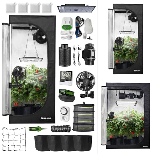 BRAST Growzelt GrowBox Komplettset 60x60x140cm, Vollspektrum LED Technologie, Belüftungs- & Bewässerungssystem, licht- und wasserdicht
