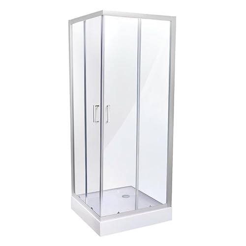 Belvit® Duschkabine Eckdusche 90x90x200 cm, Schiebetüren mit 4 mm ESG Klarglas, verchromte Profile, Antikalk Nano Beschichtung, inkl. Duschwanne und Siphon
