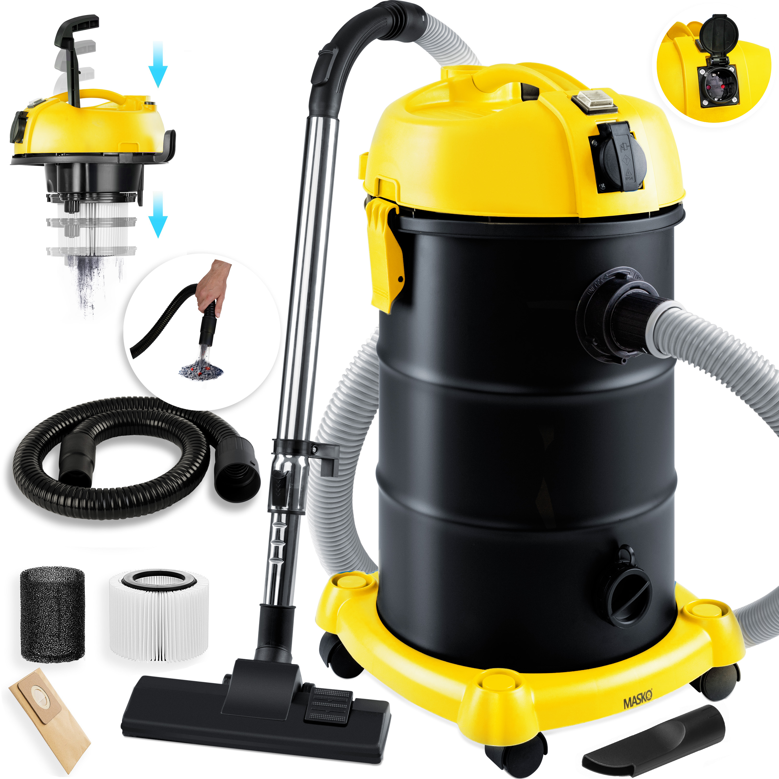 MASKO 6IN1 Industriestaubsauger Staubsauger Nass Trocken Sauger Aschesauger 2300W + Steckdose   Blasfunktion   Trocken-Saugen & Nass-Saugen   Industrie-Sauger mit & ohne Beutel   beutellos Gelb