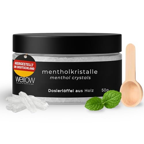 wellow Mentholkristalle 50g, 100% reines Minzöl, umweltfreundliche Dose mit Dosierlöffel, ideal für Sauna und Aromatherapie