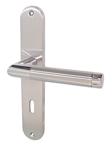 Haeusler-Shop Edelstahl Türbeschlag Modell Hit II Langschild BB Türdrücker, Festdrehbar gelagert mit Rückholfeder, poliert - matt satiniert