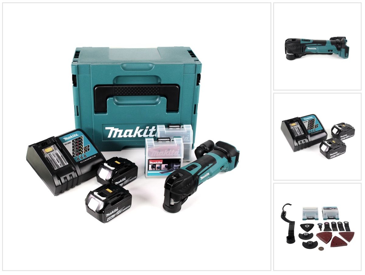 Makita DTM51RMJX2 Akku Multifunktionswerkzeug-Set im MakPac + Säge- und Schleifblätter + Absaugaufsatz + 2x 4,0 Ah Akku und Ladegerät