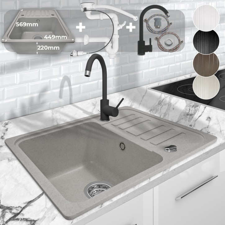 Aquamarin Spülbecken - Granit, ca. 56,9 x 44,9 cm, mit Ablaufgarnitur, Wasserhahn und umkehrbarer Abtropffläche, Rechteckig, Gesprenkelt, in Grau - Einbauspüle, Spüle, Verbundspüle, Küchenspüle