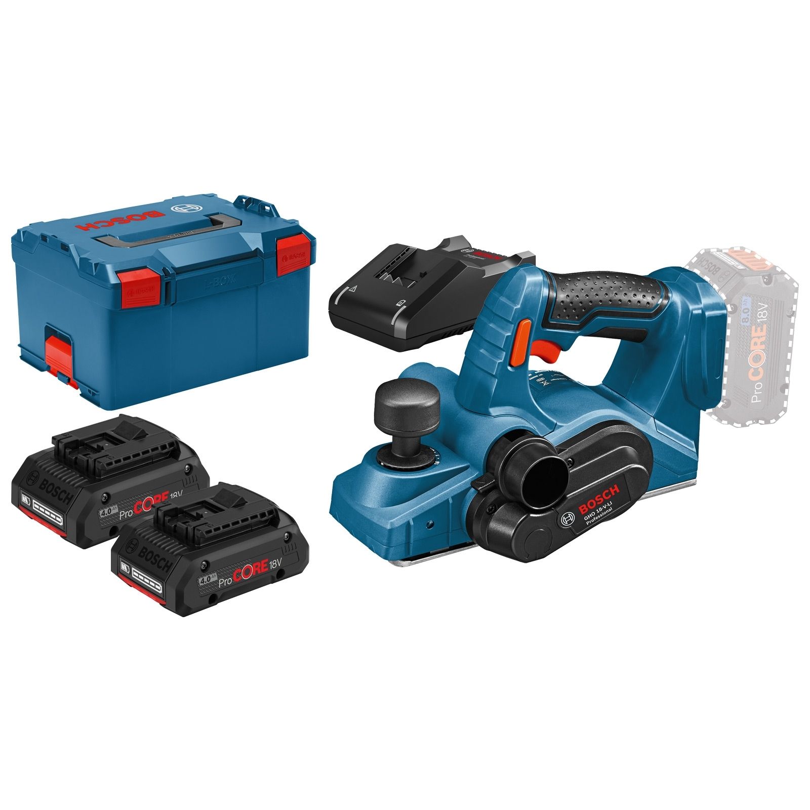 Bosch Professional Akku-Hobel GHO 18V-LI / 2x 4,0 Ah ProCORE18V Akku + Ladegerät in L-Boxx