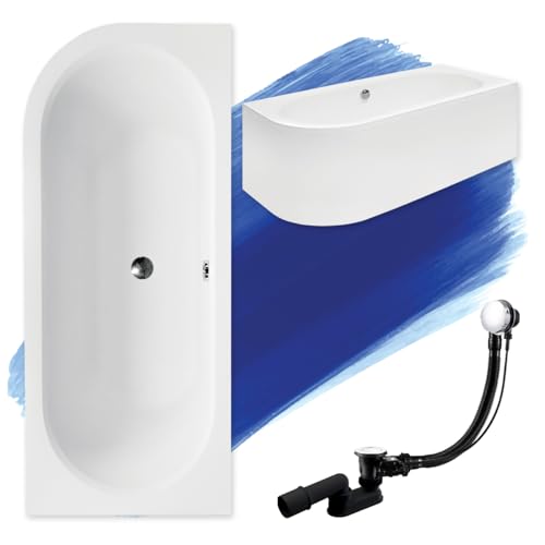 Besco BADLAND AVITA Eckbadewanne 170x75 cm, Weiß, Komplettset mit Acrylschürze, Füßen und Chrom Automatik Ablaufgarnitur, Made in EU 4in1