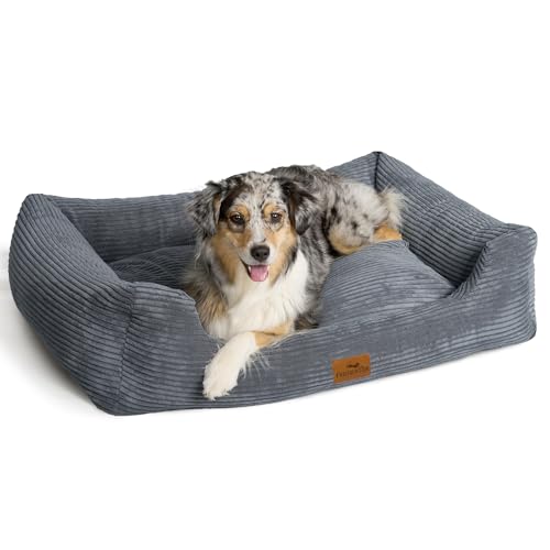 FREUDENTIER Orthopädisches Hundebett aus Cord - Waschbar - Herausnehmbares Liegekissen - Oeko® TEX Zertifiziert - Handmade in Europe - Dunkelgrau, M