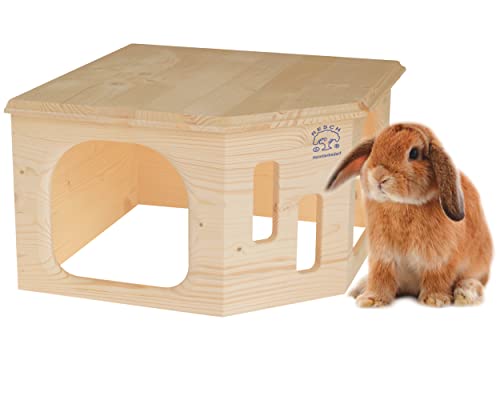 Resch Nr33 Kaninchenecke Groß, naturbelassenes Massivholz aus Fichte, geeignet für Kaninchen und Meerschweinchen, mit 2 großen Eingängen und riesiger Dachliegefläche