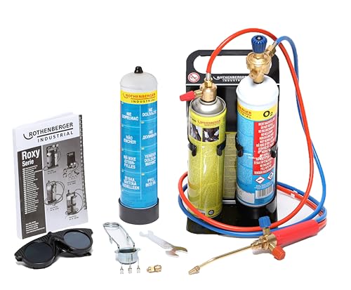 Rothenberger Industrial Autogenschweiß- und Hartlötgerät Roxy Kit Plus, inkl. 2 x Sauerstoffeinwegflasche 110bar-930 ml und 1 x Maxigas-600 ml, universell einsetzbar, für Schweiß- und Hartlötarbeiten, mit umfangreichem Zubehör, blau