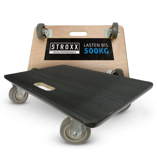 STROXX Transportroller, 500 kg Traglast (600 x 400 x 145 mm), rutschfester Gummibelag, Möbelroller für Umzug & schwere Gegenstände