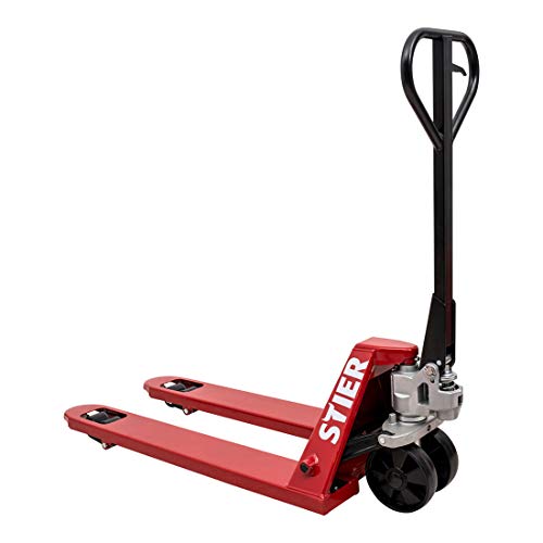 STIER Gabelhubwagen, Palettenhubwagen mit Tragkraft 2500 kg, Gabellänge 1000 mm, Nylon-Rollen, rot, wartungsfreie Handhydraulik, Lenkeinschlag 210°