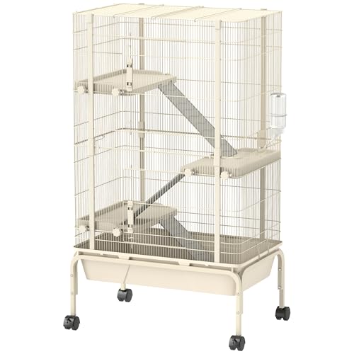 PawHut Freigehege Kleintiergehege mit 3 Rampen, ausziehbarem Tablett, Futterschale und Wasserflasche für Hamster, Chinchilla, Eichhörnchen, 69 x 44 x 120 cm, Beige