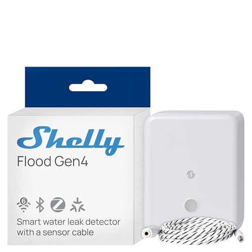Shelly Flood Gen4, smarter Wassersensor mit Leck-Sensorkabel, IP44, Flut- & Regenerkennung, anpassbare Alarmstufen, kompatibel mit Alexa, Google Home & Zigbee