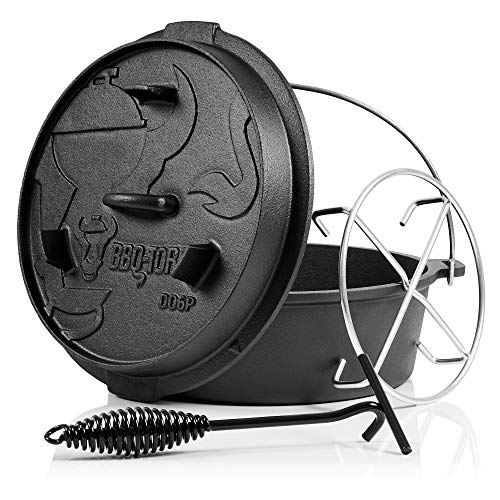 BBQ-Toro Dutch Oven Premium Serie | 7,3 Liter (DO6P), Topf ohne Füße | bereits eingebrannt - preseasoned | Verschiedene Größen | Gusseisen Kochtopf | Bräter mit Deckelheber