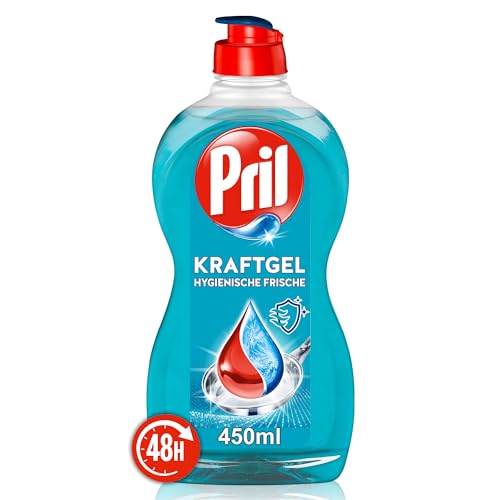 PRIL Kraftgel Hygienische Frische Geschirrspülmittel, 450 ml, blau, fettlösend, entfernt 48h eingetrocknete Verschmutzungen, praktische Dosieröffnung, Flasche aus 100% recyceltem Kunststoff