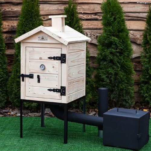 QLS Holzräucherei 60 cm, Tragbare Räucherkammer aus unbehandeltem Fichtenholz für Garten und Outdoor, hohe Kapazität für 10-15 kg Lebensmittel