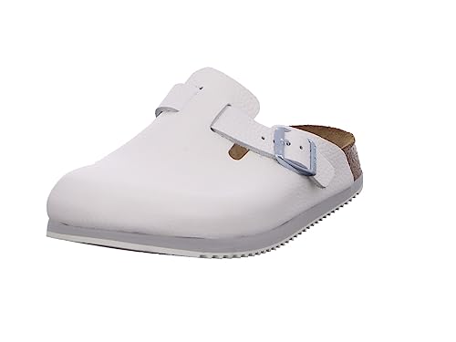 Birkenstock Clog Boston Super Grip, Sicherheitssandale aus Naturleder, weiß, anatomisches Kork-Latex-Fußbett, rutschhemmende Gummisohle, Größe 37