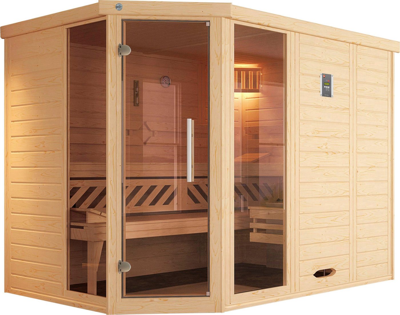 Weka Sauna Kemi, Ecksauna 2, 245 x 195 x 200 cm, 45 mm, Set mit 7,5 kW Bio-Ofen und digitaler Steuerung