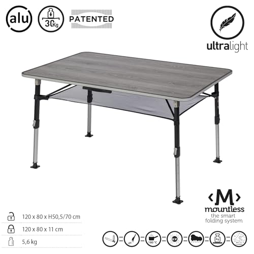 BRUNNER Campingtisch Klapptisch ELU NG 120, höhenverstellbar, wetterfestes Greywood-Design, Alu, 120 x 80 cm, 5,6 kg