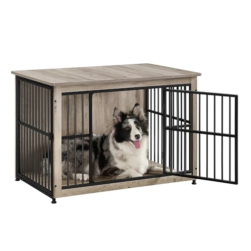 Feandrea Hundekäfig Möbel, Beistelltisch, Hundebox, Moderne Hundehütte Indoor für Hunde bis zu 32 kg, hochbelastbar, geschlossener Boden, Hundehaus 2 Türen, Greige meliert