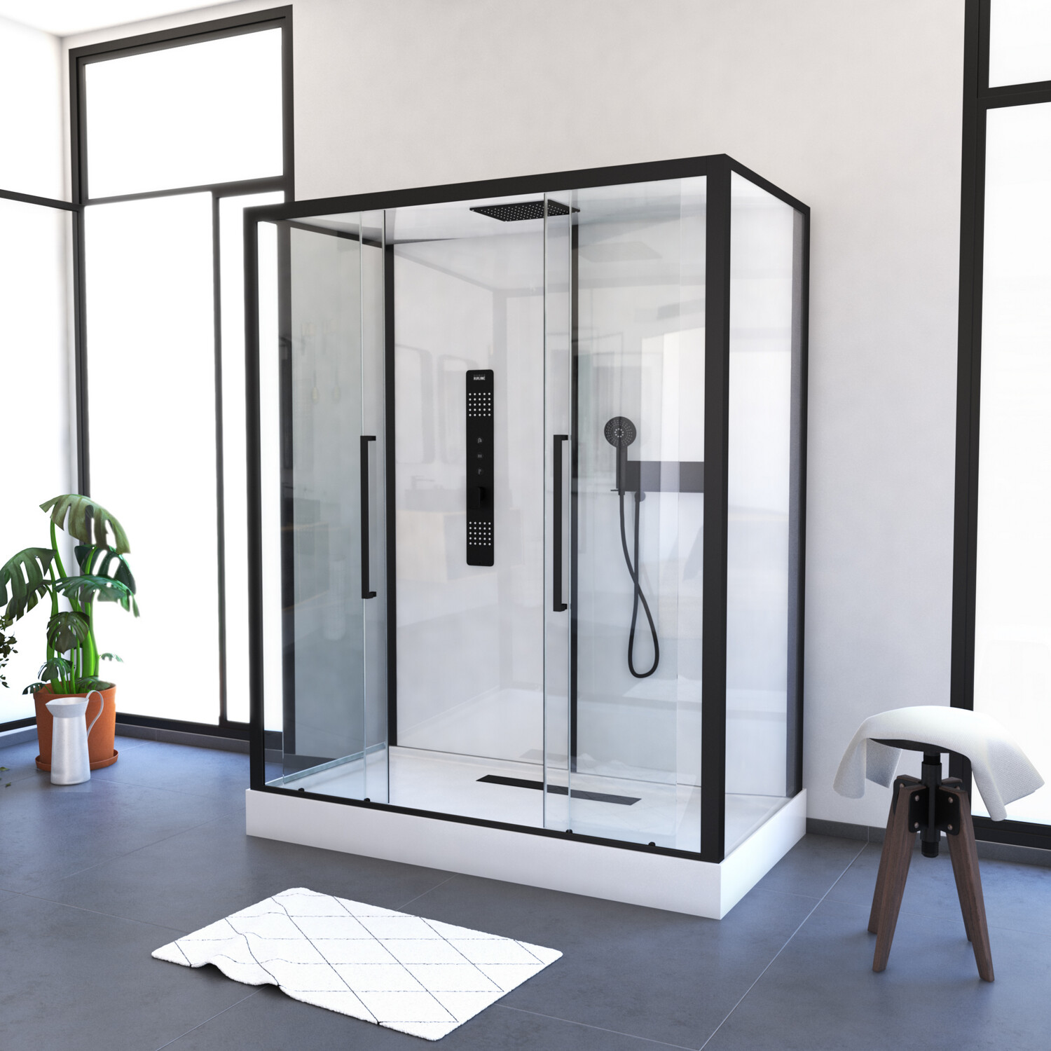 Aurlane Komplettdusche 'Urban 2' mit Schiebetür schwarz 160 x 85 x 215 cm, Einscheiben-Sicherheitsglas, silikonfreier Aufbau