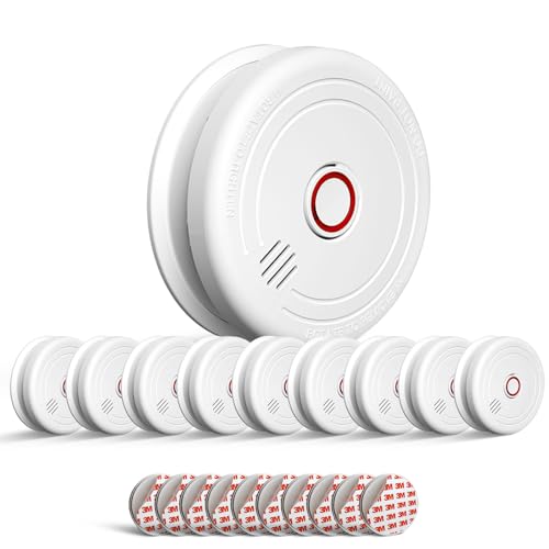 Ruan Rauchmelder mit Magnethalterung, Photoelektrischer Feuermelder mit 10 Jahren Lebensdauer und Austauschbarer Batterie, 10 Stück