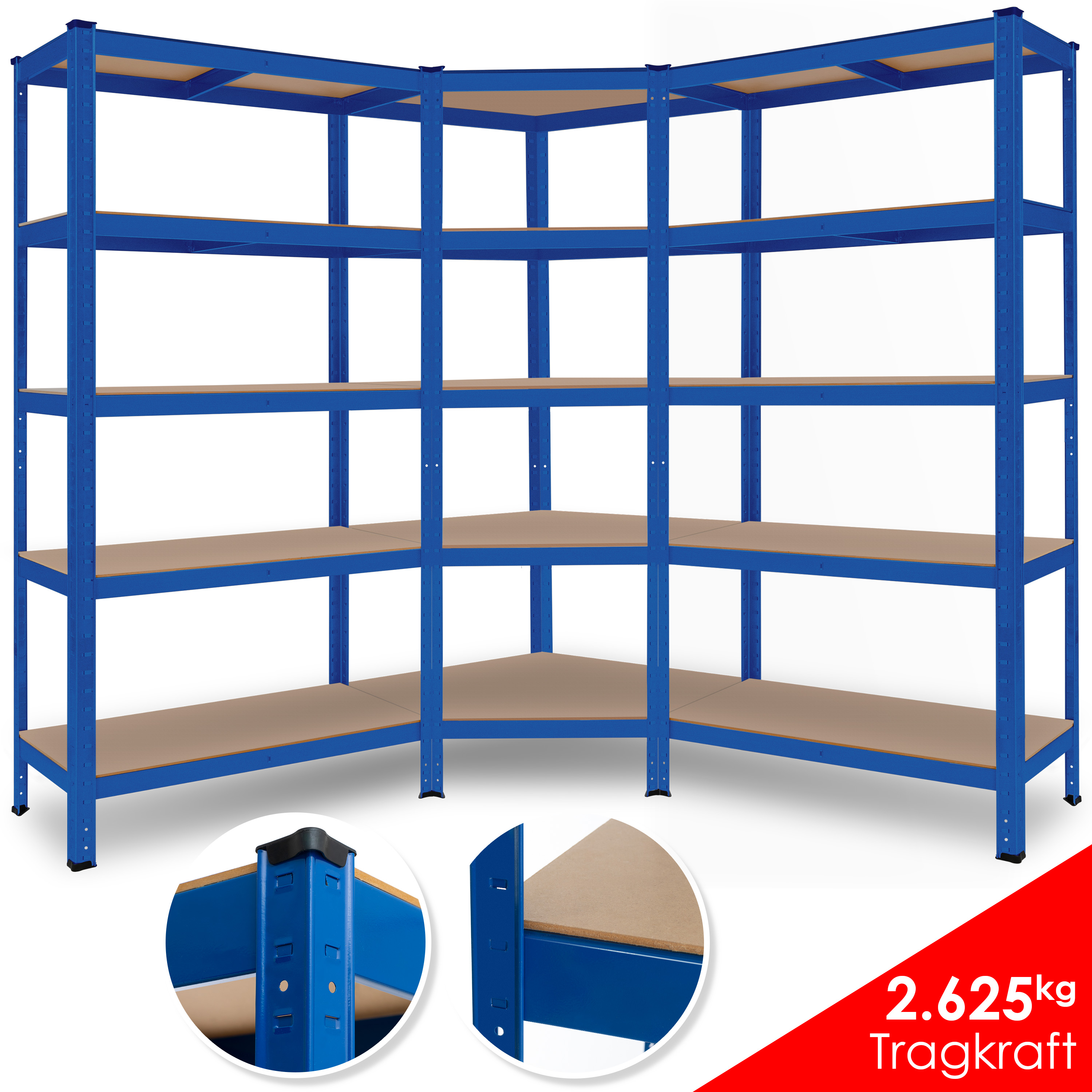 MASKO 3er Set Metall Regalsystem Lagerregal 1 Eckregal & 2 Lagerregale 15 Böden MDF-Platten Regal 2625 kg Werkstattregal Kellerrregal Garage Schwerlastregal Steckregal MDF-Platten Blau