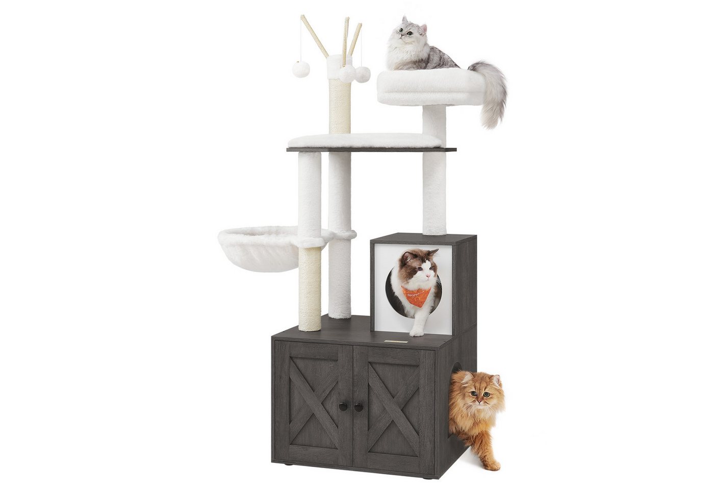 FEANDREA Kratzbaum, mit Katzenklo-Schrank abnehmbaren Plüschbällen 140 cm, Vintagebraun/Greige/nebelgrau/Wolkenweiß - Preisvergleich