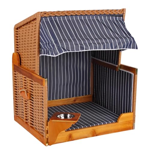 MR. DEKO® Hundestrandkorb Wacholder PE Beige, Dessin blau gestreift, wetterfest mit Sonnenschutz, integrierten schwenkbaren Futternapf und Edelstahlwassernapf, für Hunde und Katzen, Maße 80 x 65 x 95 cm