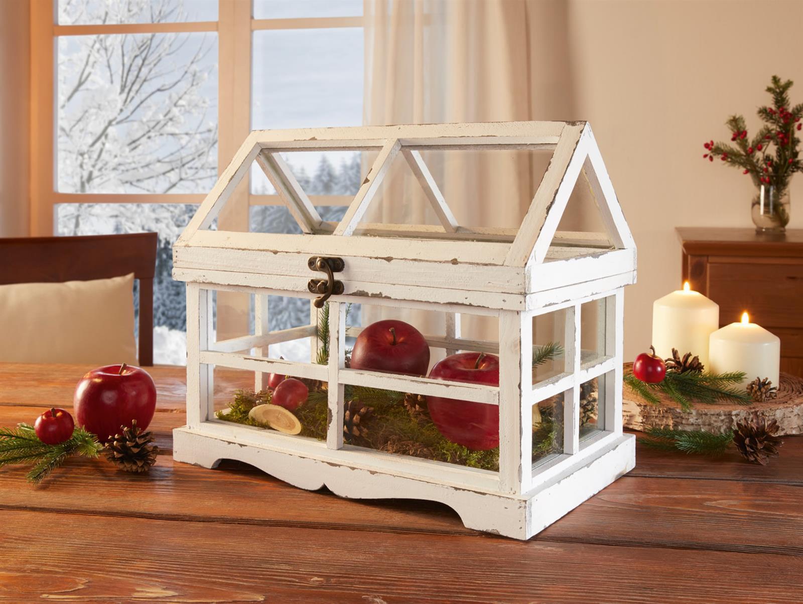 Dekoleidenschaft Mini-Gewächshaus "Shabby", 37x21x31 cm, Weiß lackiertes Holz, Terrarium, Treibhaus, Miniglashaus