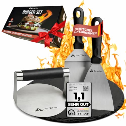 BergVibes Burger Smasher 3tlg. Edelstahl Grillbesteckset, Smash Burgerpresse mit Silikongriff, vielseitig einsetzbar für Burger und BBQ