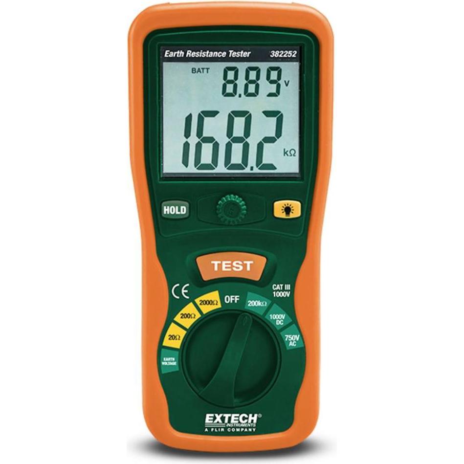 Extech 382252, Multimeter Aardingsmeter mit Zubehör, CAT III, 3 Messbereich von 20 bis 2000 Ohm, mit Tragetasche und Hintergrundbeleuchtung